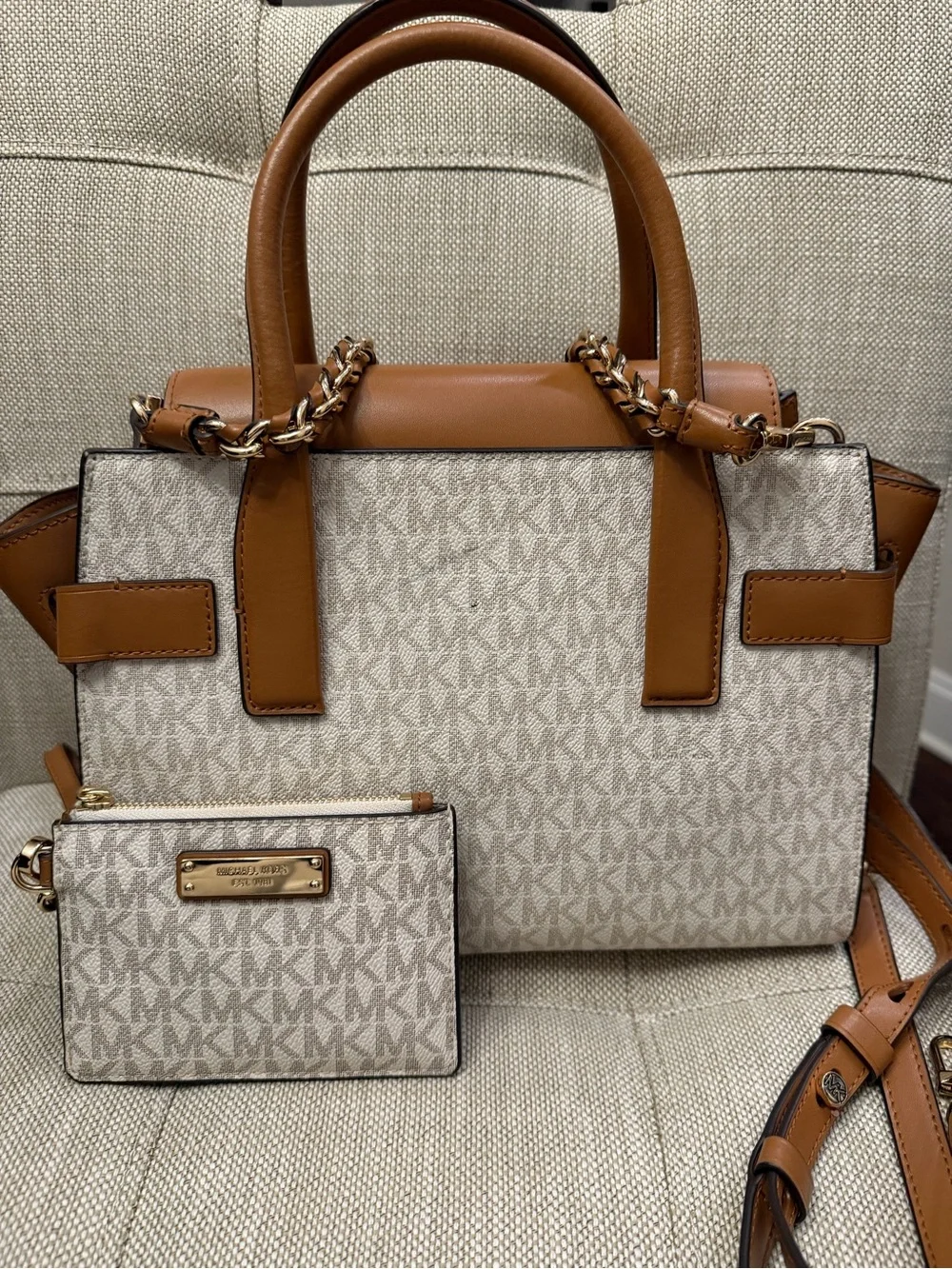 Michael Kors Brown and Cream Signature Satchel with Chain Accent